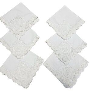 Set Of 6 White Crochet Lace Handkerchiefs‎ Vintage Linen Square Napkins Doilies